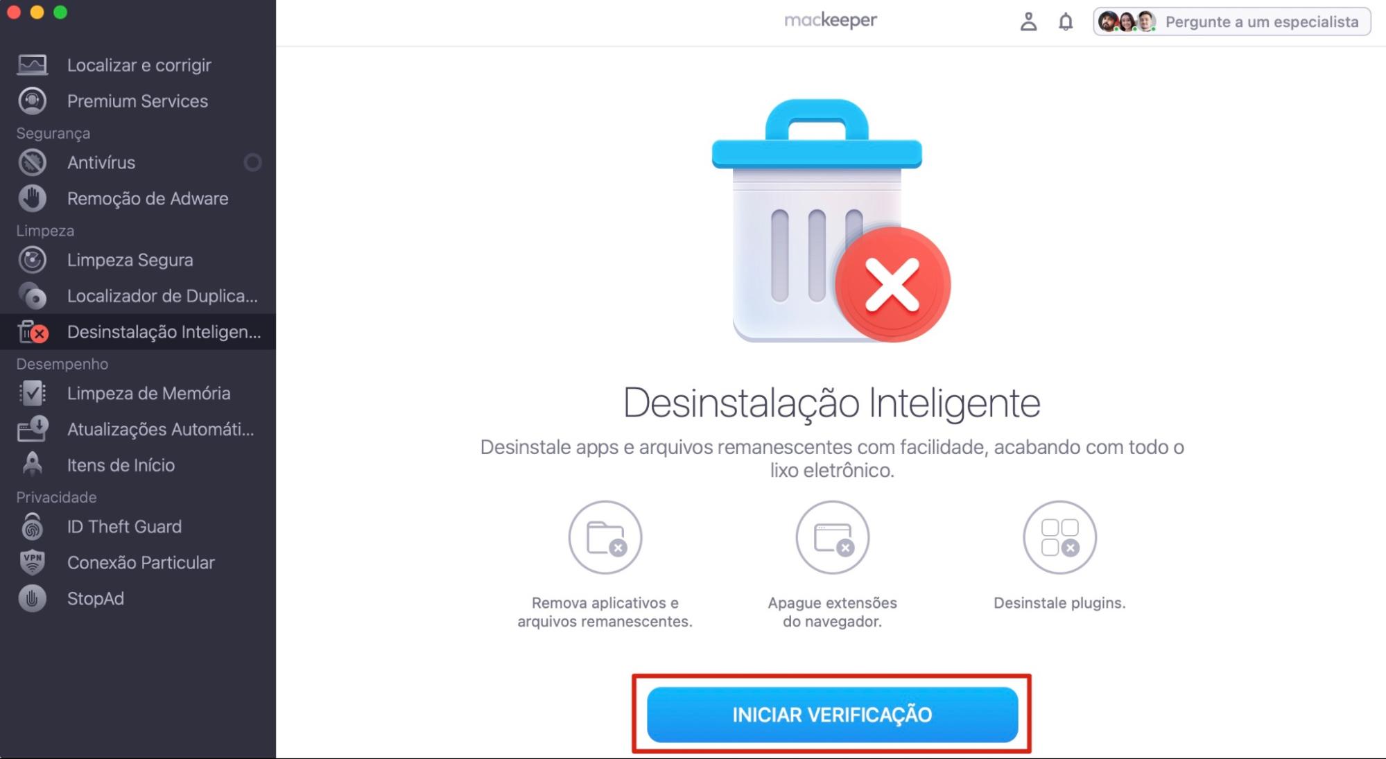 Para procurar extensões do navegador no seu MacBook, na janela Desinstalação Inteligente aberta no app MacKeeper, clique no botão Iniciar Verificação.