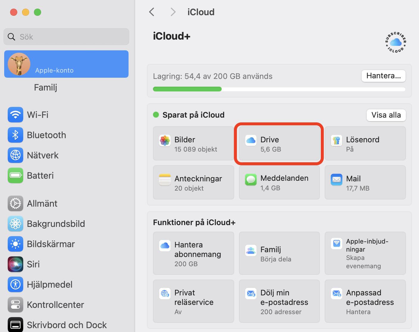  iCloud-menyn inuti Systeminställningar på Mac. Se till att alternativen Synkronisera denna Mac, Mapparna Skrivbord och Dokument och Optimera Mac-lagring är aktiverade under Drive för att frigöra utrymme på Mac.