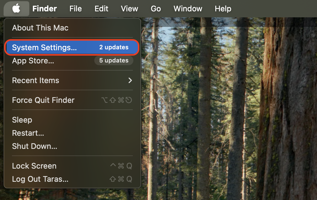 Click the Apple menu in the top-left corner of your screen and choose System Settings to open the main preferences panel for adjusting macOS features.