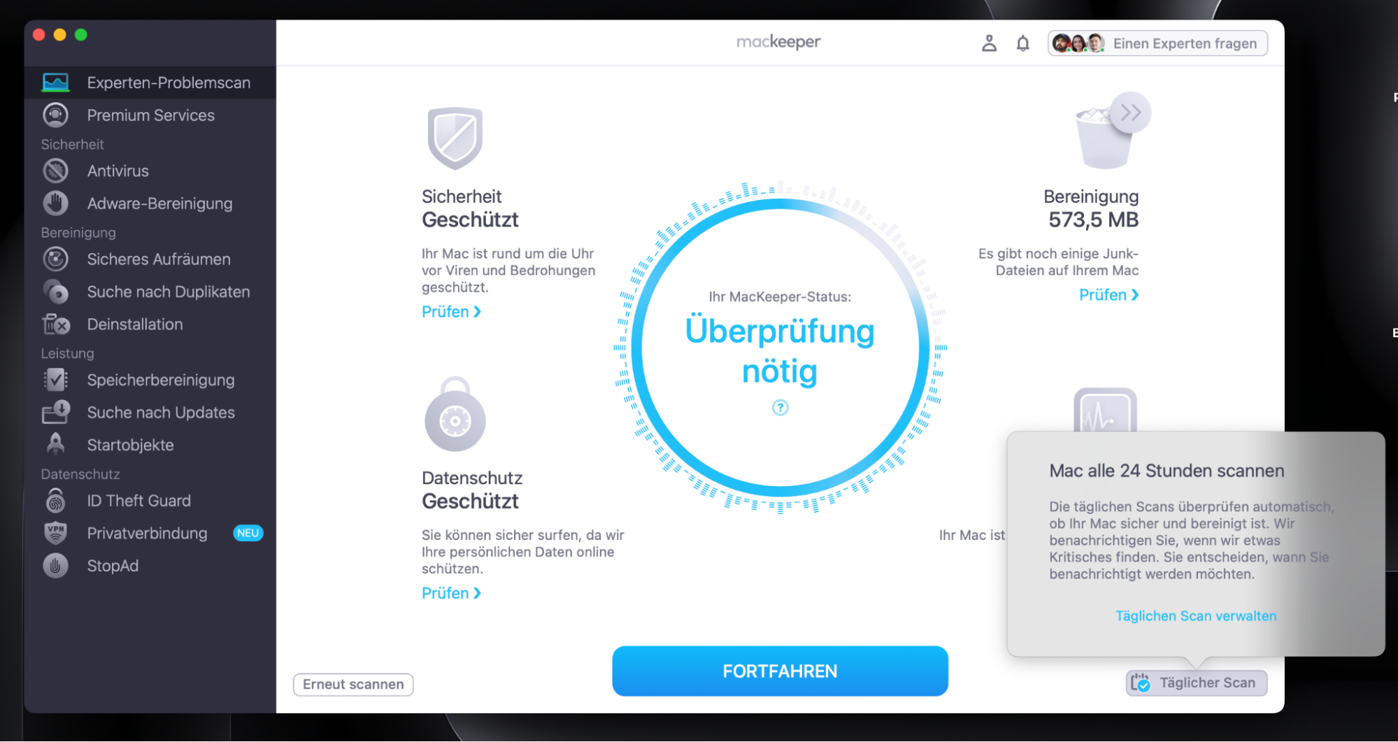 Klicken Sie auf Täglicher Scan, und die App überprüft Ihren Mac alle 24 Stunden automatisch auf mögliche Probleme.