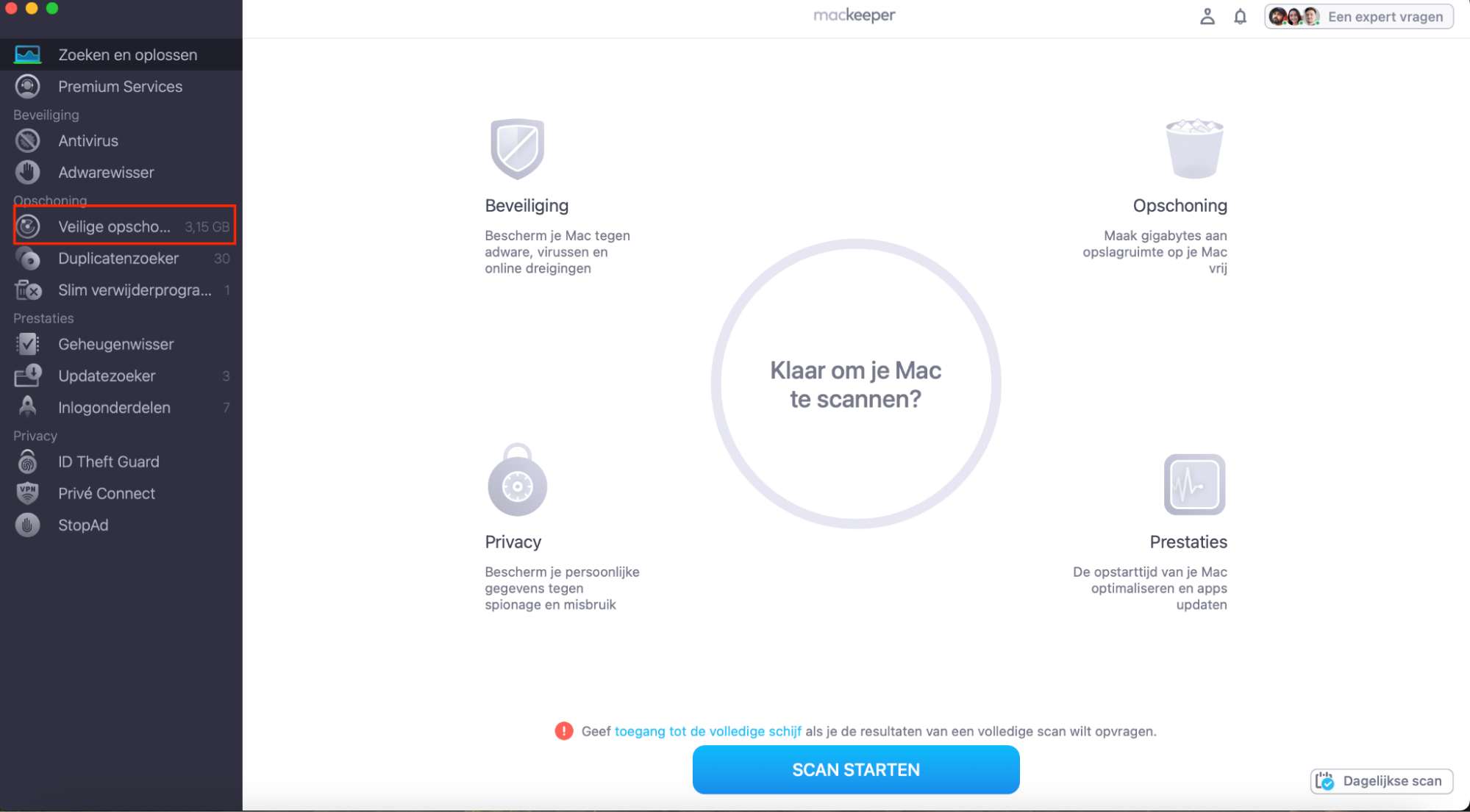 Open de functie Veilige Opschoning in MacKeeper om een scan te starten en cachebestanden op te sporen.