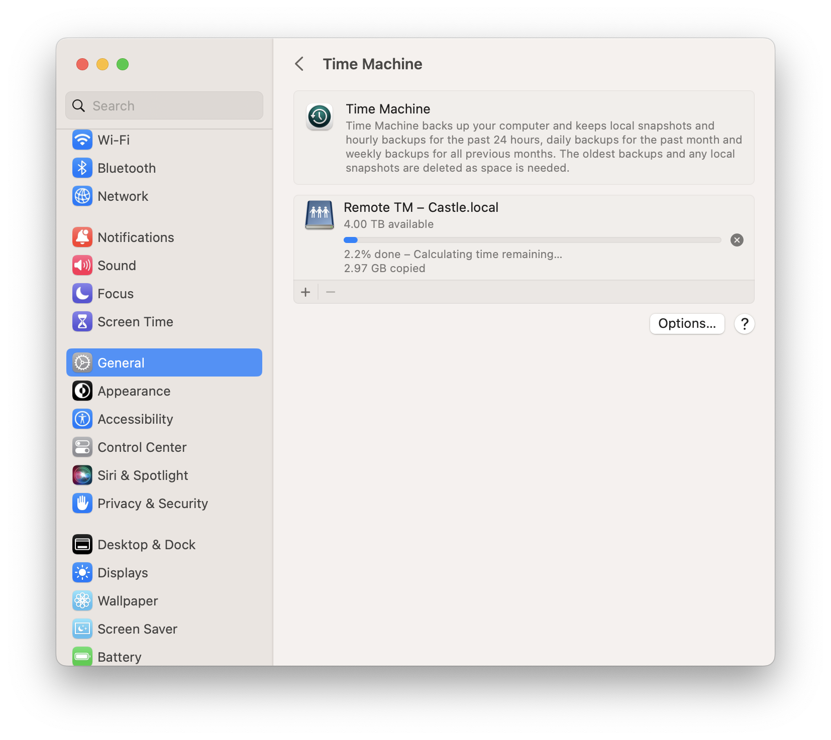 Open System Settings, go to General, then Time Machine and click Add Backup Disk to choose the external drive you want your Mac to use.