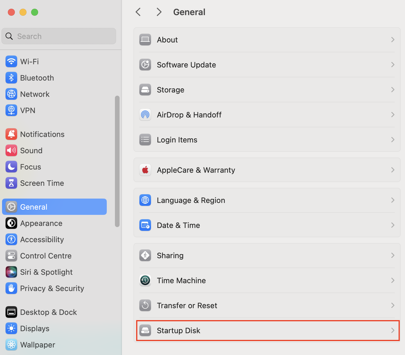 Choose Startup Disk from General System Settings on your Mac. Choose Startup Disk from General System Settings on your Mac.