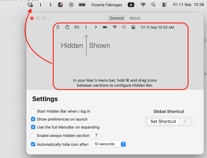 The Hidden Bar app on a MacBook with the hidden section expanded to unhide the Dropbox icon and keep it visible in the menu bar.