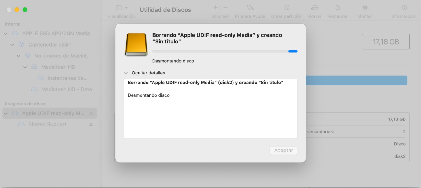 Después de hacer clic en Borrar en la Utilidad de Discos, espera mientras la herramienta formatea tu disco. Cuando termine, haz clic en el botón «Listo» para completar el proceso.