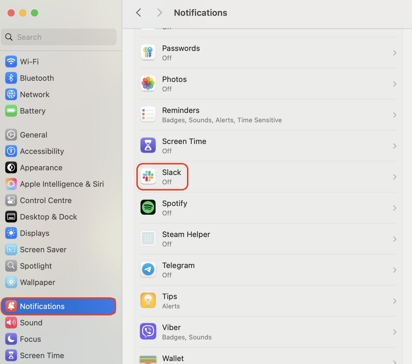 Open System Settings, click Notifications in the sidebar, scroll to Application Notifications, then click Slack to see its options.