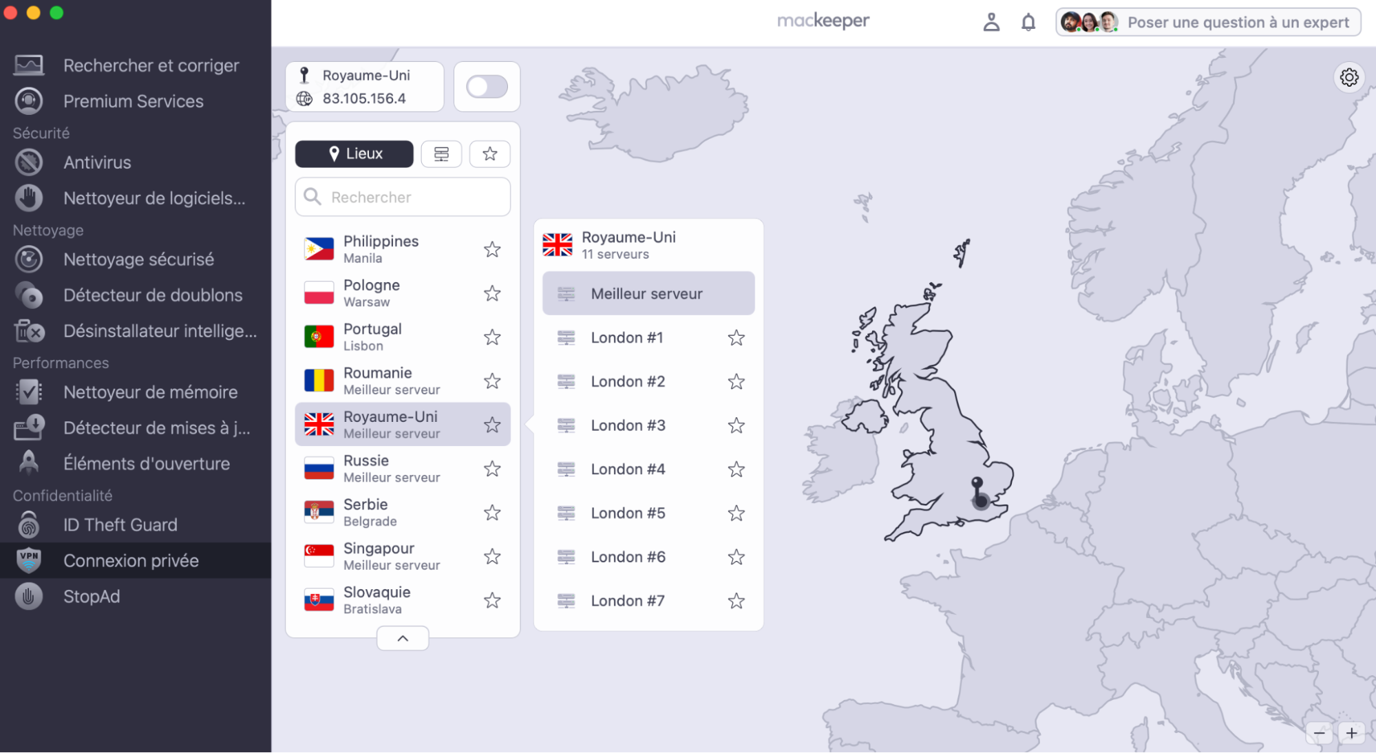 Cliquez sur le menu déroulant si vous cherchez un serveur VPN dans une région précise ou sélectionnez l’option Meilleur serveur pour bénéficier du meilleur service possible.