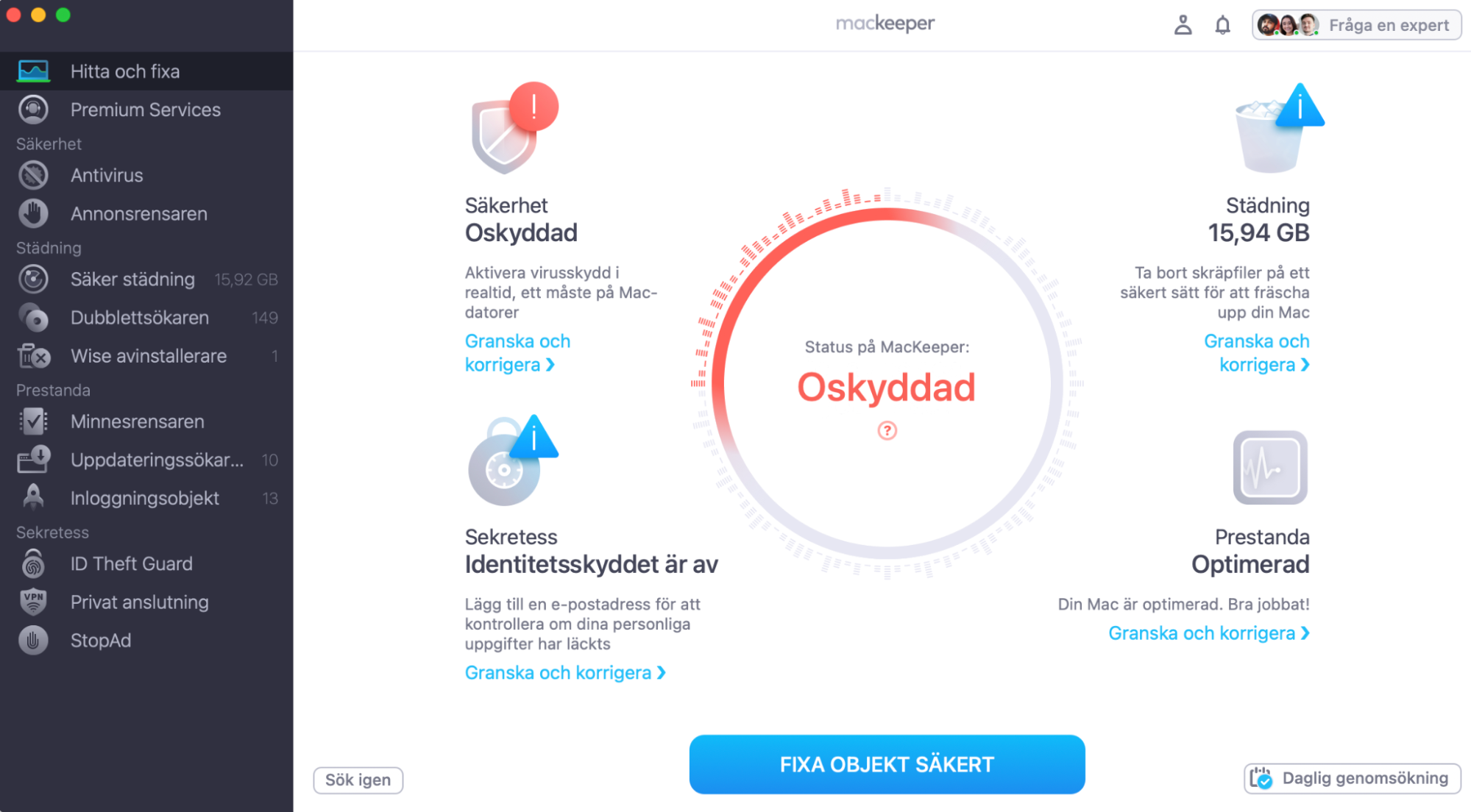 Resultatet av vår skanning av Apple-datorn med hjälp av MacKeepers app, närmare bestämt dess rensningsverktyg. Ta bort de skräpfiler som hittats direkt.