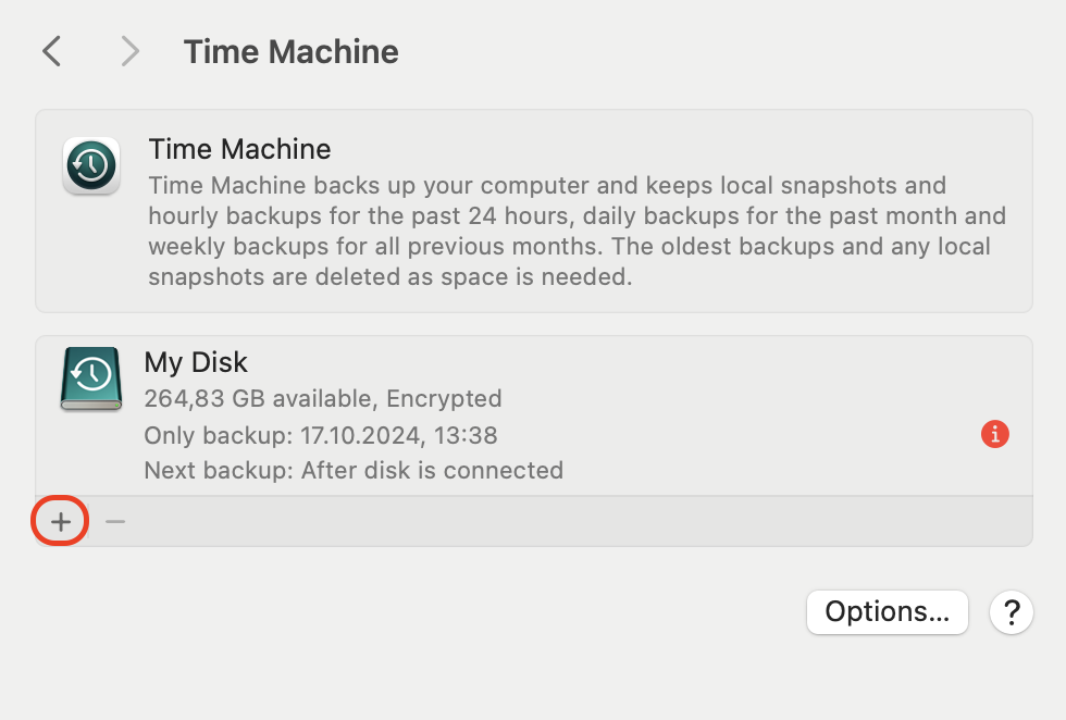 When it comes to Sequoia, in the Time Machine settings, click Add Backup Disk, then select your connected external drive to set it as the backup destination.