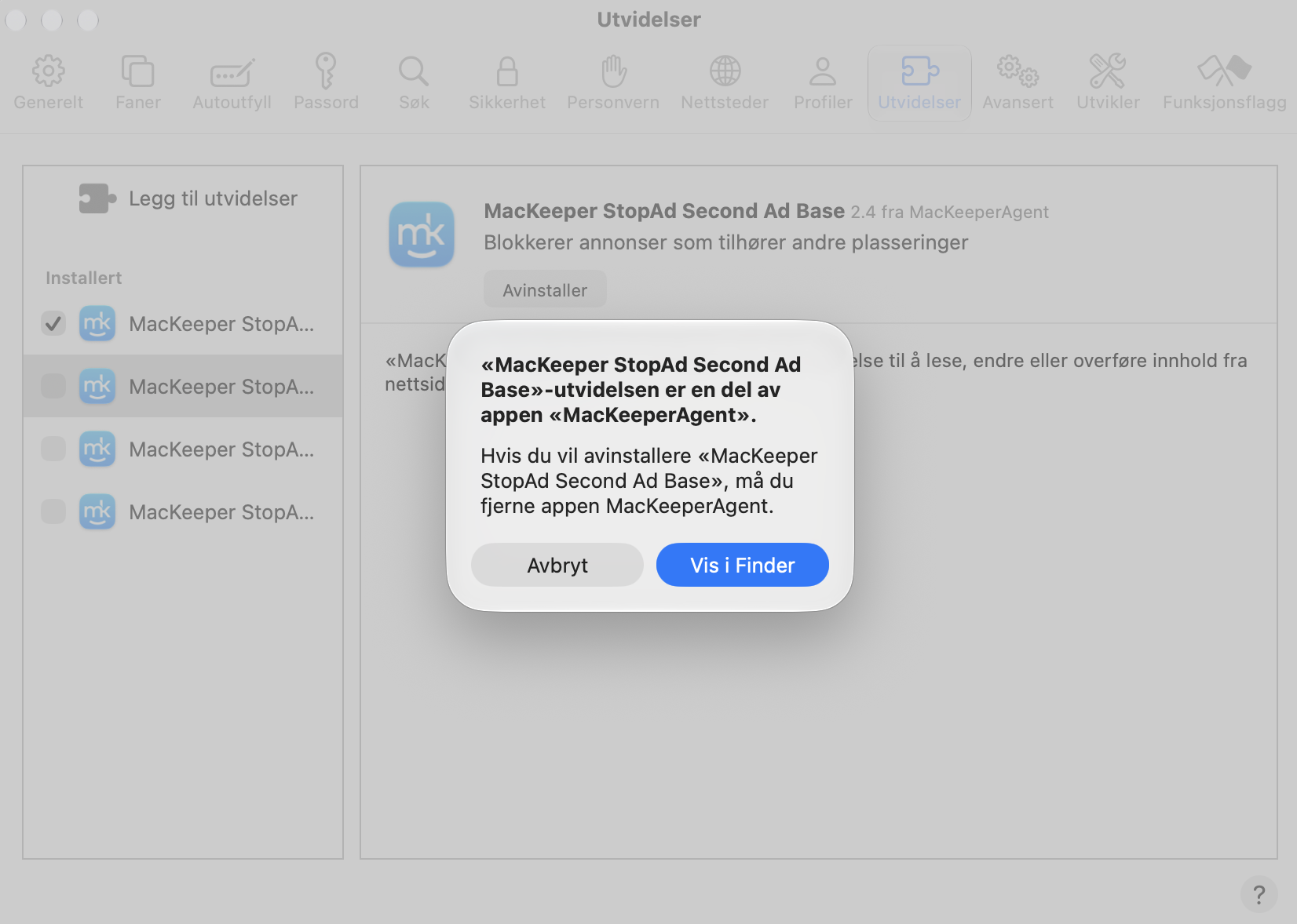 Etter at du har klikket på Avinstaller, må du klikke på Vis i Finder. Dette tar deg til stedet der utvidelsen er installert, slik at du kan fjerne den.