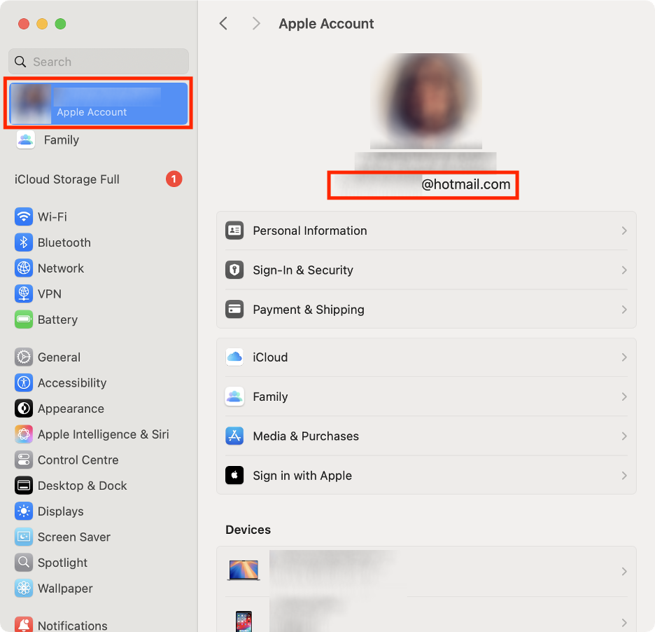 To check the Apple ID on your Mac before you use iPhone Mirroring, go to System Settings, click your name, and check the email address.