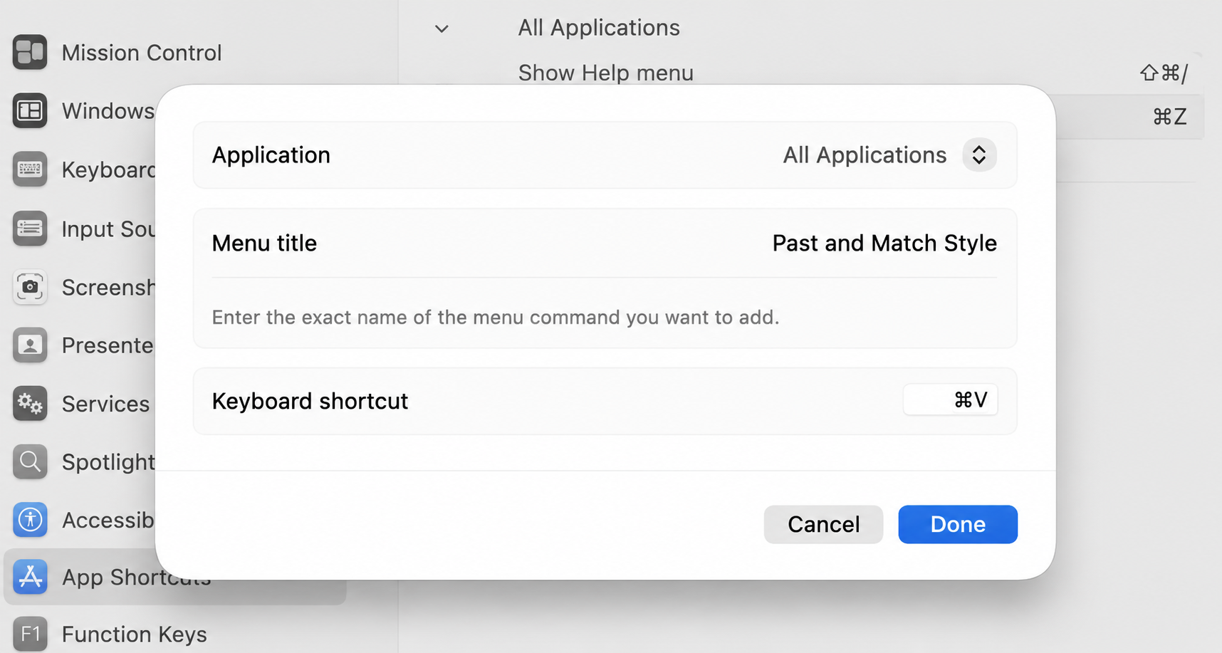 The App Shortcuts dialog on macOS with Paste and Match Style typed as the menu title and Command+V assigned as the new shortcut on an iMac.