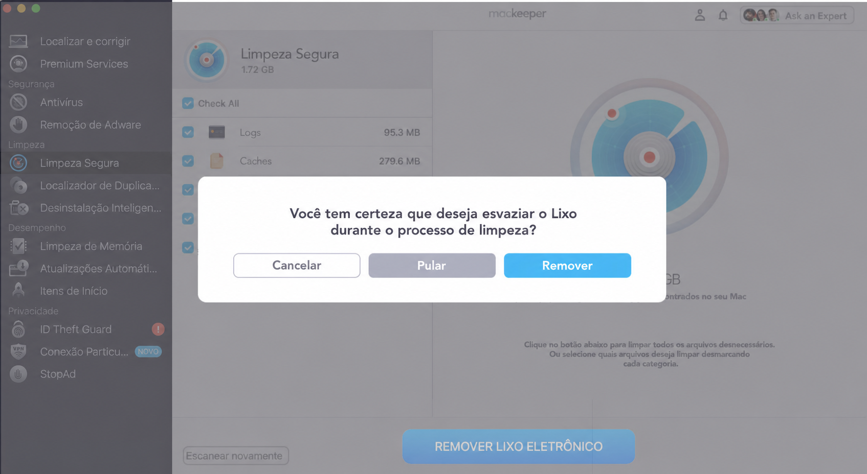 Depois de marcar todas as caixas dos itens dos quais você quer se livrar, clique em Remover Lixo Eletrônico. Em seguida, clique em Remover na janela pop-up