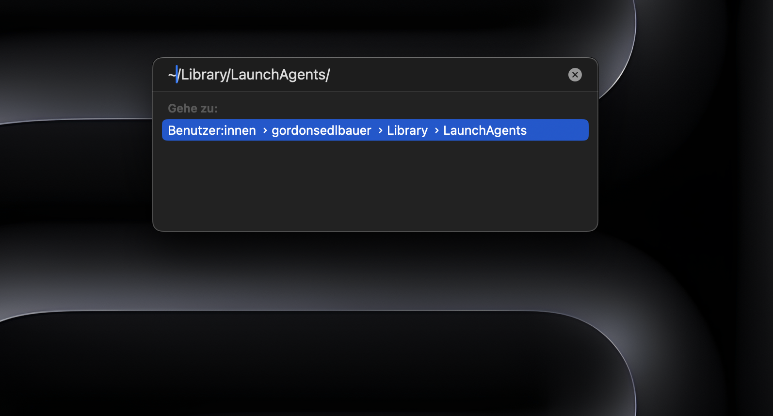 Der Benutzer hat im Finder auf einem Mac unter Gehe zu Ordner den Pfad /Library/LaunchAgents/ eingegeben, um Microsoft AutoUpdate zu löschen