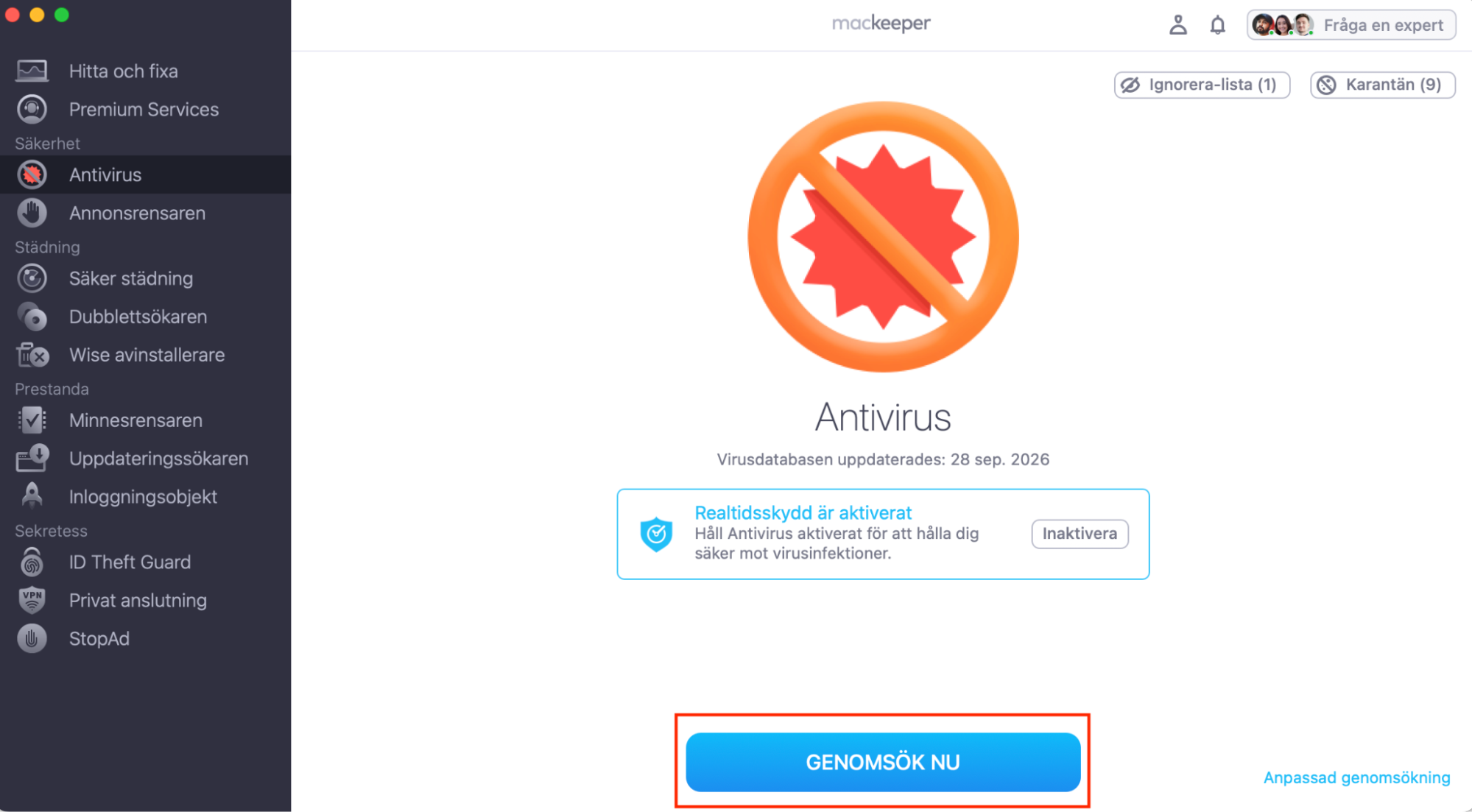 För att ta bort skadlig programvara på din Mac, gå till fliken Antivirus i MacKeeper-appen och klicka på Genomsök nu.