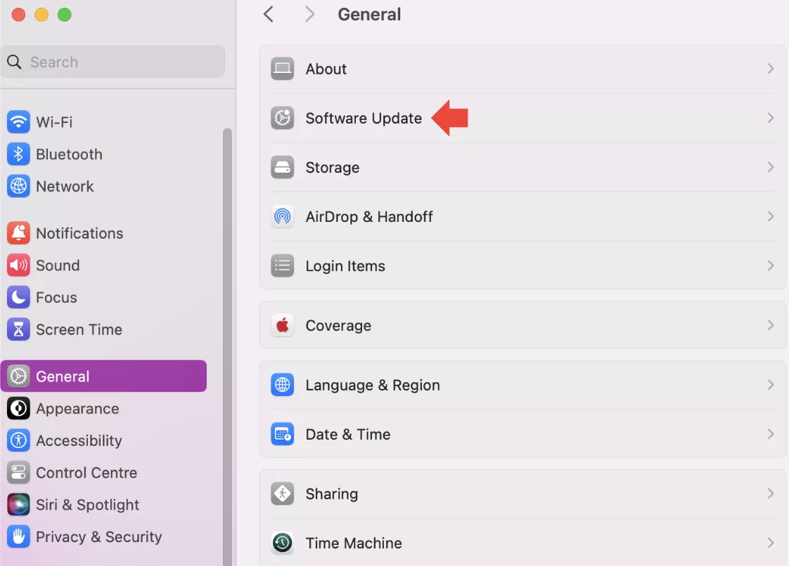 Go to System Settings on your Mac, open General, and click Software Update to check for and install the latest macOS version available.