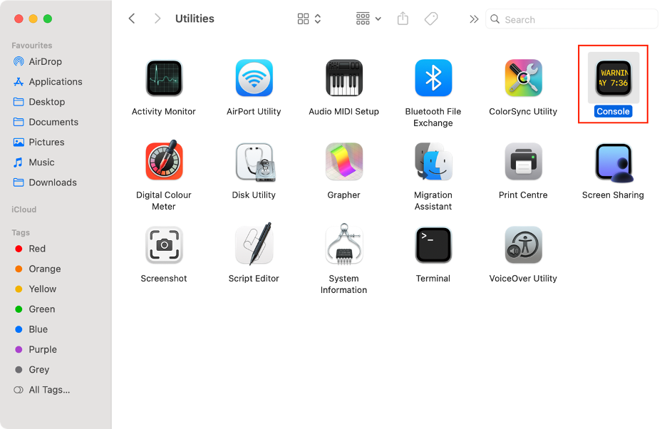To check error logs in Console and fix the AppSSOAgent high CPU usage issue, launch the Console utility.