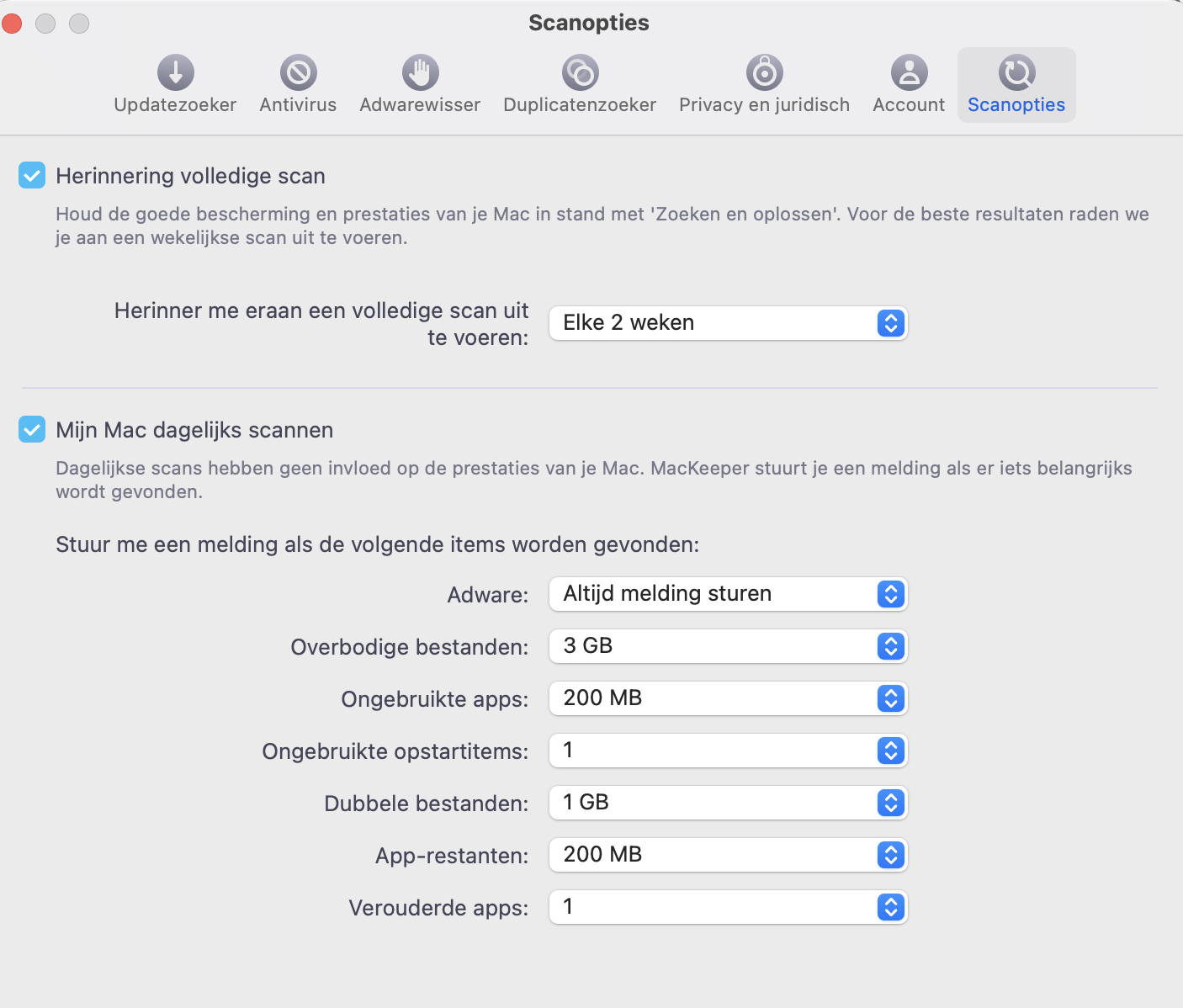 MacKeeper op de Mac toont de scanopties in het menu Instellingen. Schakel Scan mijn Mac dagelijks in en stel vervolgens je voorkeuren in.