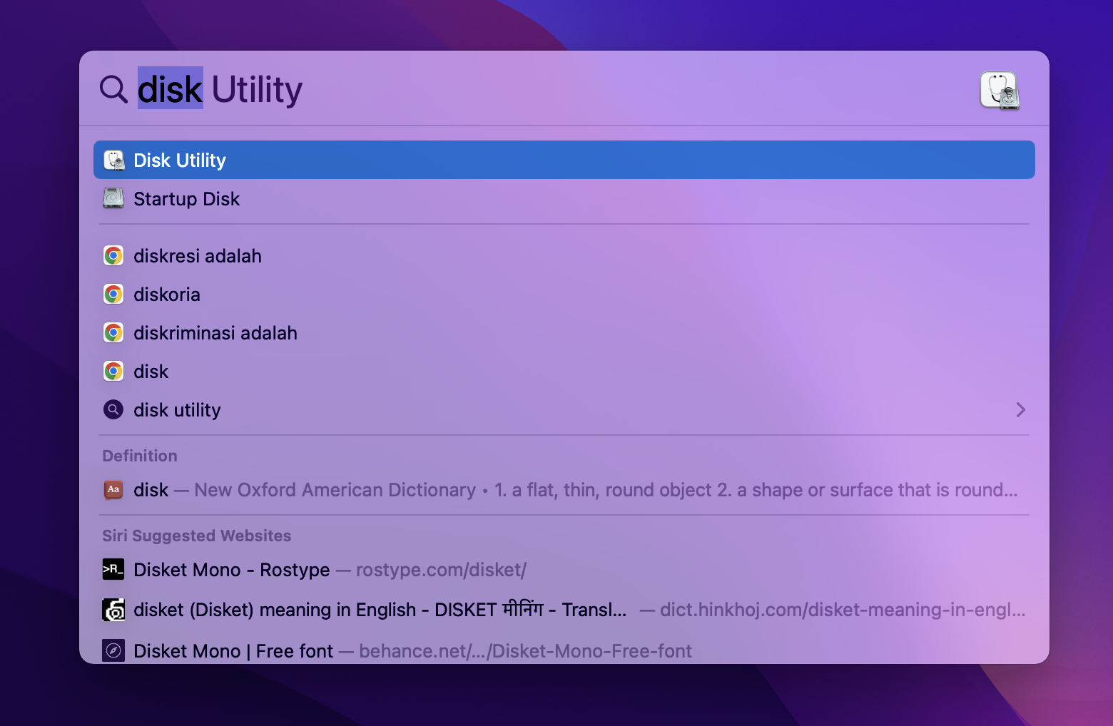 Disk Utility spotlight search screen Disk Utility spotlight search screen