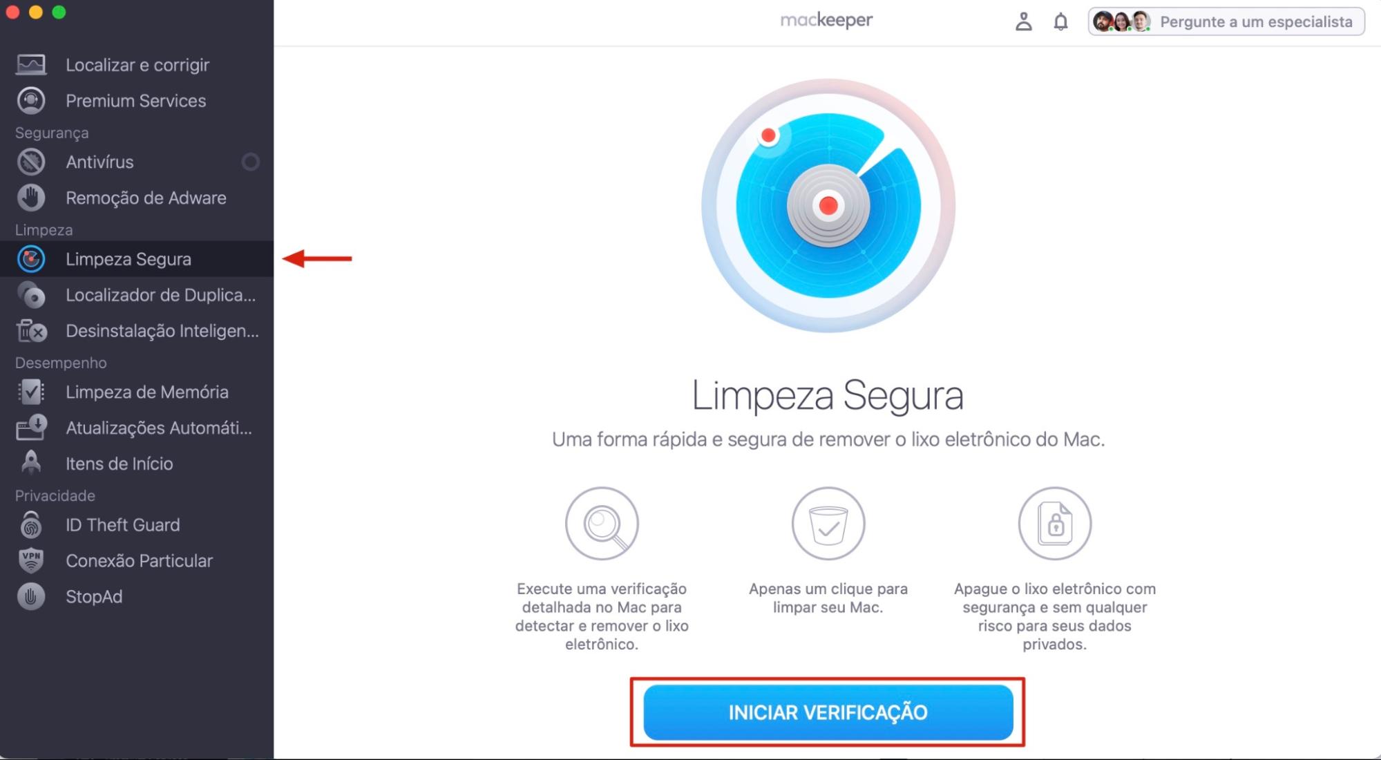 Tela inicial da Limpeza Segura do MacKeeper com o botão Iniciar Verificação destacado na parte inferior. Como excluir o cache do Mail no Mac usando um limpador de Mac.
