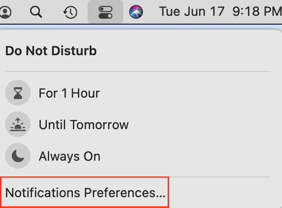 Do Not Disturb menu options are opened in Mac’s Control Center. Select Notifications Preferences to customize DND settings.