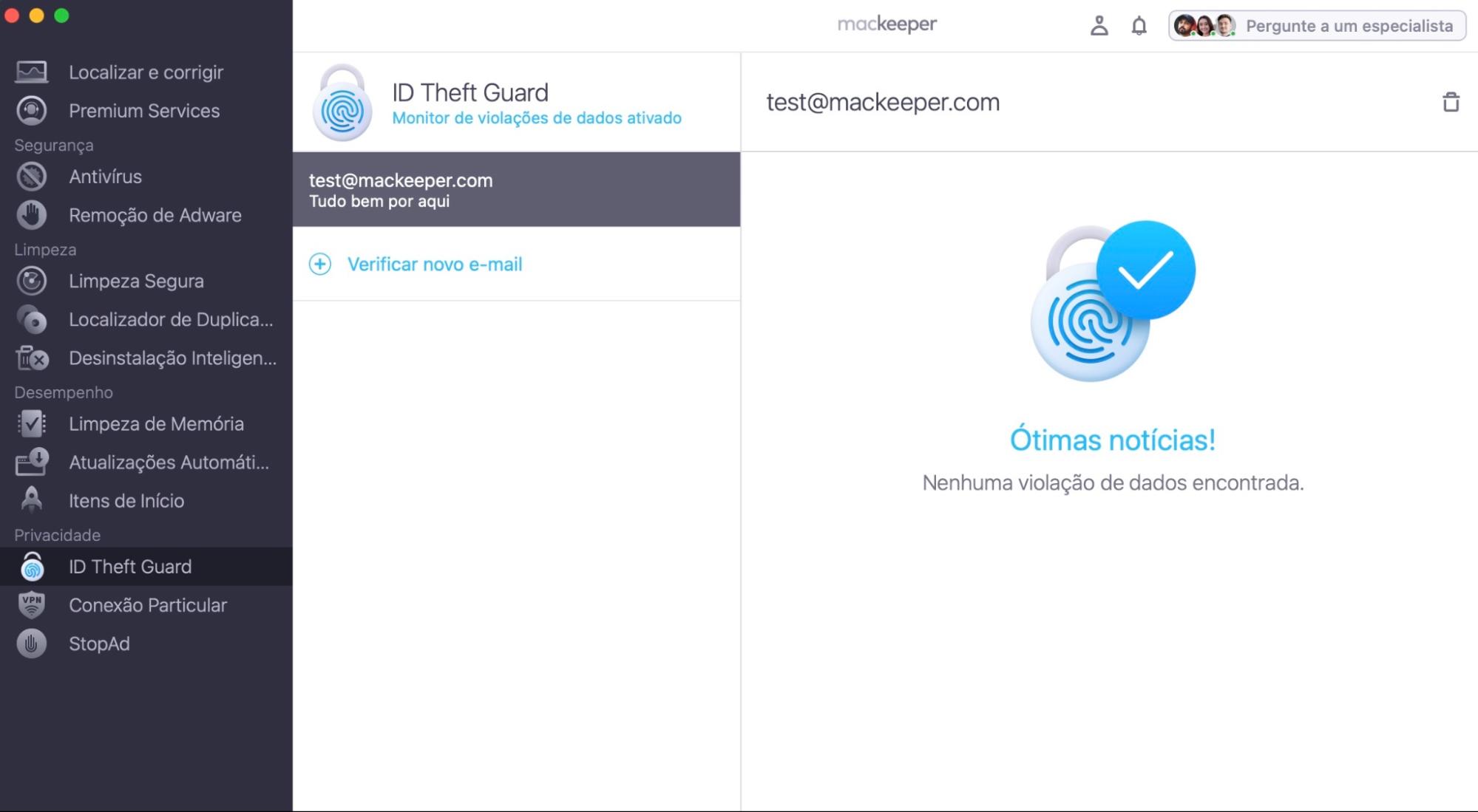 Para reforçar a proteção dos seus dados, abra o ID Theft Guard do MacKeeper, selecione esse recurso no menu à esquerda, clique no botão + Verificar novo e-mail para adicionar um endereço de e-mail e ative o Monitor de Violações de Dados.  