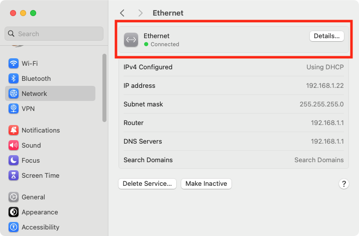 Similar to when you turn off Wi-Fi, you can deactivate your Mac's Ethernet connection from your System Settings. Just click Ethernet.