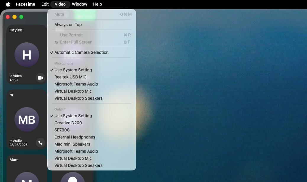 If you need to change the audio or video device in your FaceTime app, you can. Click ‘Video’ in your FaceTime menu bar, then choose the devices you want to use.