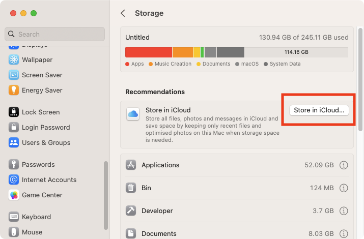 Highlighted Store in iCloud button to start backing up files. Highlighted Store in iCloud button to start backing up files.