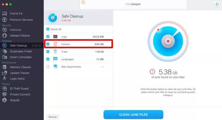 The Safe Cleanup screen lists the found caches and the volume they contain on your computer. Open the Caches folder to see its contents
