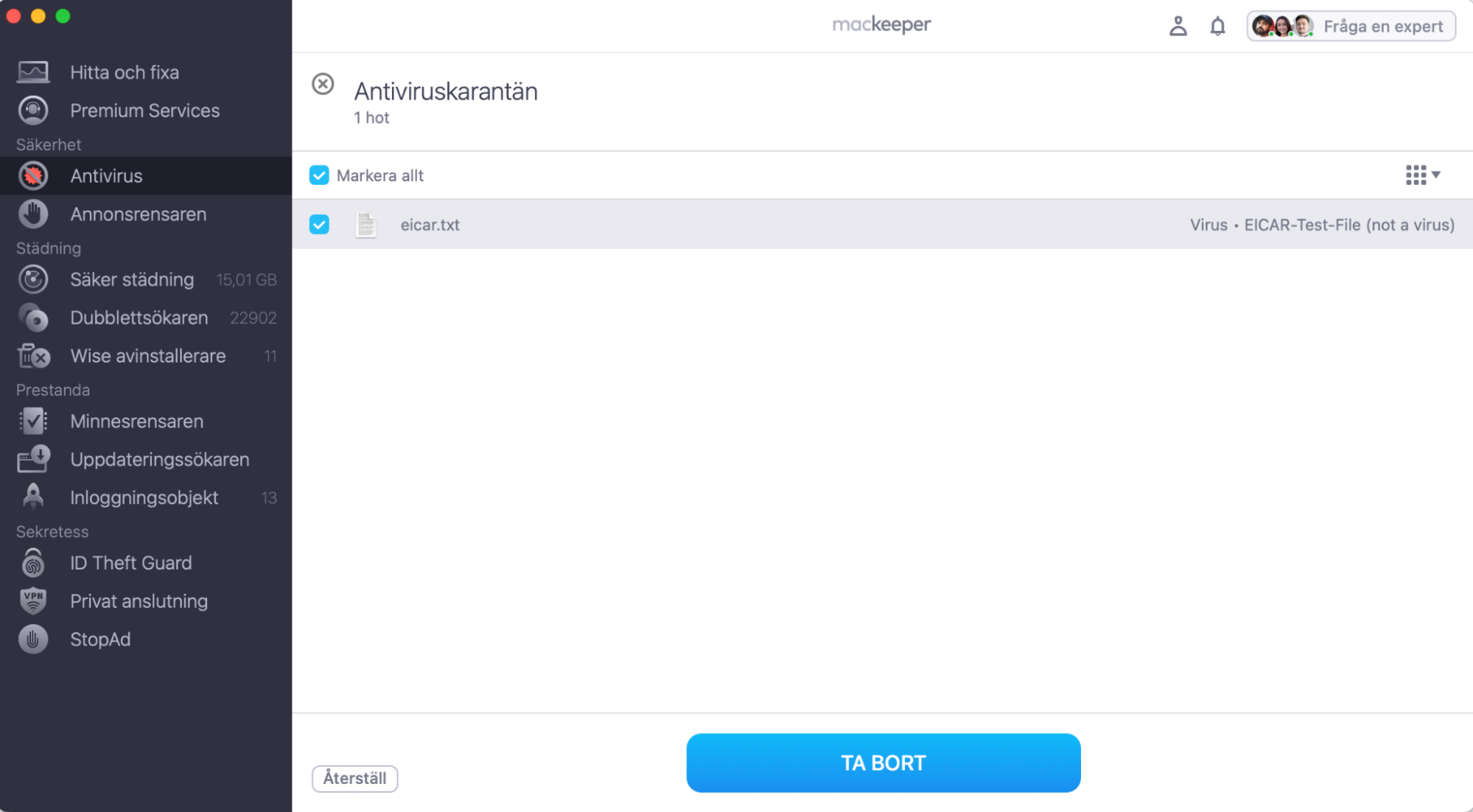 Om MacKeeper hittar något misstänkt på din Mac flyttas det automatiskt till karantän. Du kan granska filerna genom att klicka på Granska. Klicka sedan bara på Ta bort för att ta bort det.