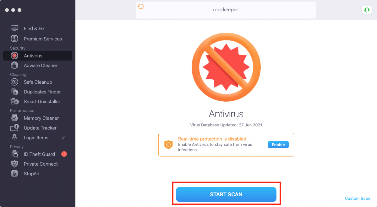 Start MacKeeper Antivirus scan