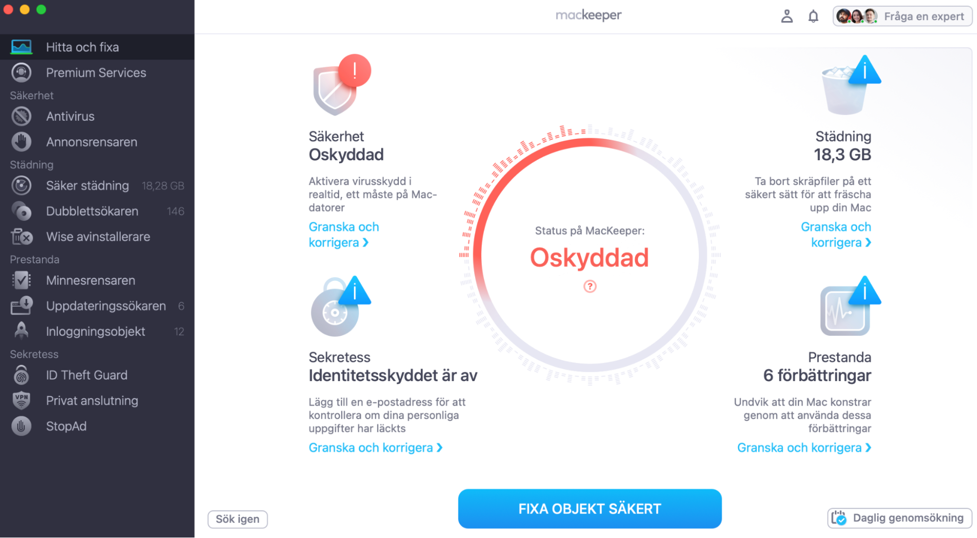 Vänta tills MacKeeper-appen har slutfört skanningsprocessen för att identifiera den möjliga orsaken till att hårddisken inte fungerar. Åtgärda sedan problemet med funktionen Fixa objekt säkert.
