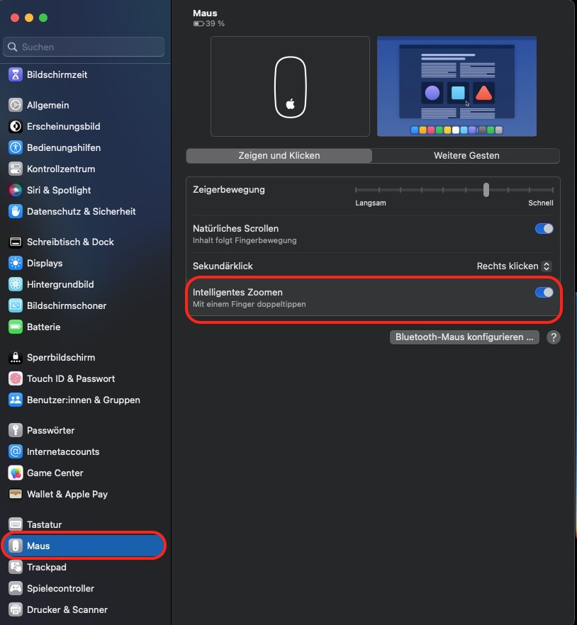 Intelligentes Zoomen mit der Magic Mouse aktivieren.