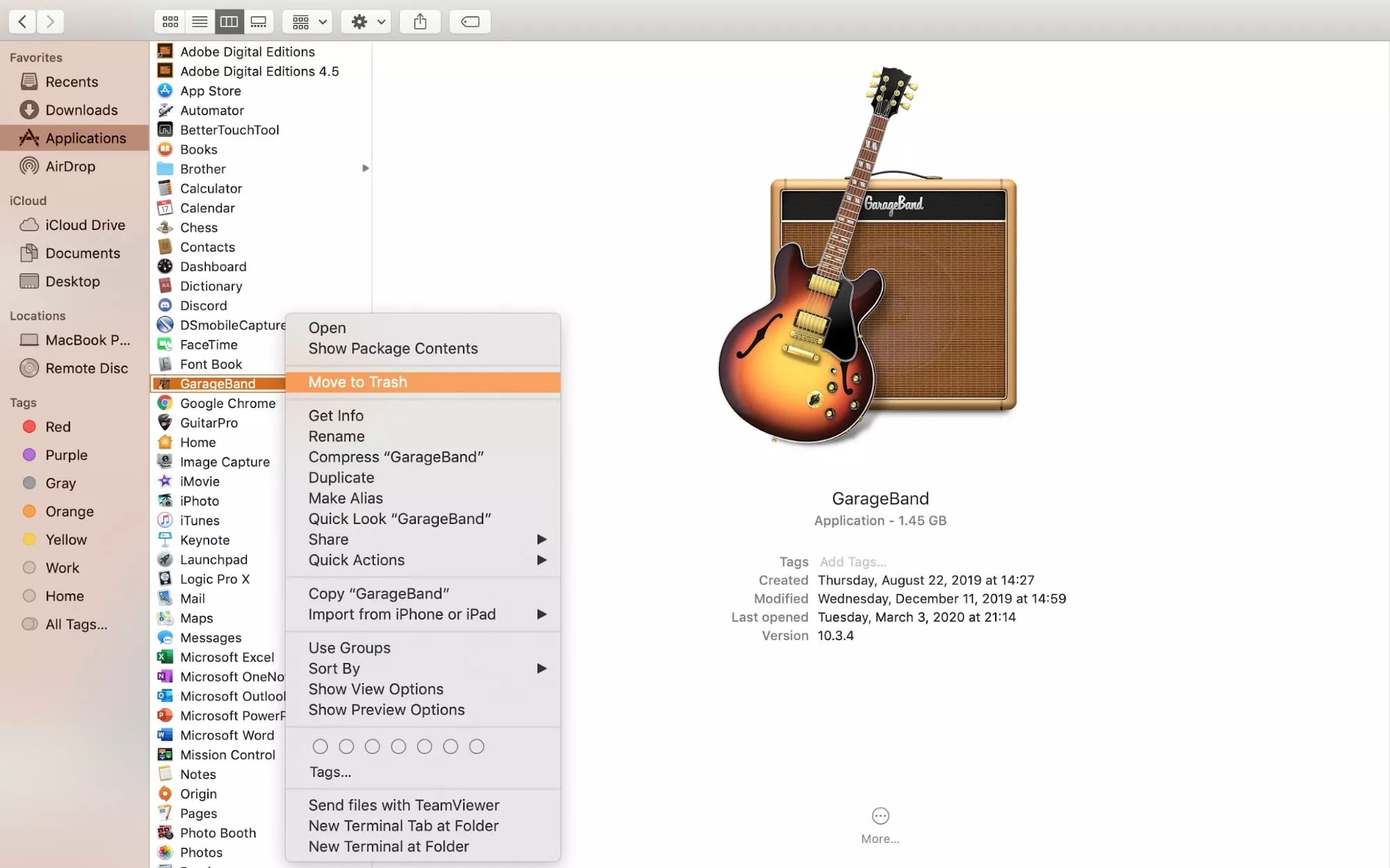 garage band context menu