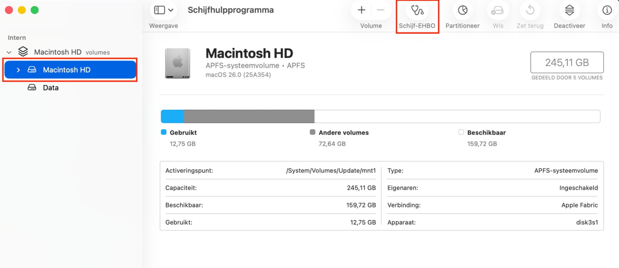 Schijfhulpprogramma op de Mac met de opstartschijf geselecteerd. Klik op ''Eerste hulp'' om de schijf te controleren op fouten die kunnen voorkomen dat je de prullenmand op de Mac kunt legen.