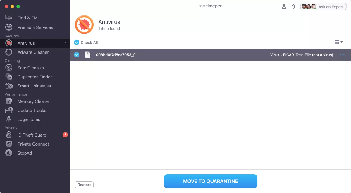 Now the new window in the MacKeeper’s Antivirus tan will inform you about the result of scanning on your Mac. If anything is found, make sure to move it to Quarantine