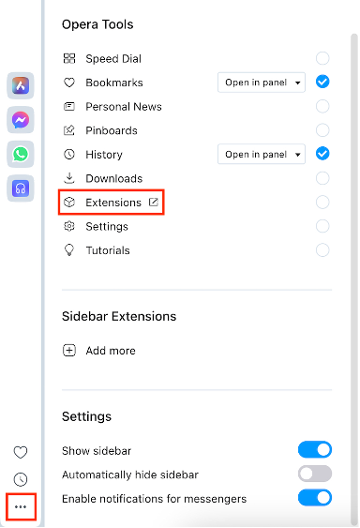 To remove an unrecognized extension from Opera on Mac, click the three-dot icon on the browser and select Extensions under Opera Tools.