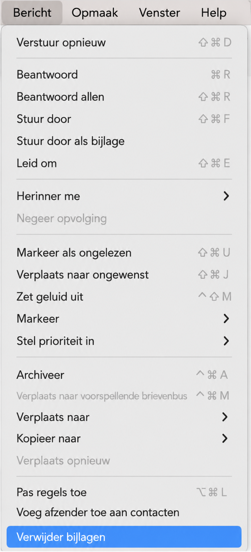 Het Bericht-menu van de Apple Mail-app met Verwijder bijlagen gemarkeerd. Hoe cache mail verwijderen: bijlagen verwijderen.