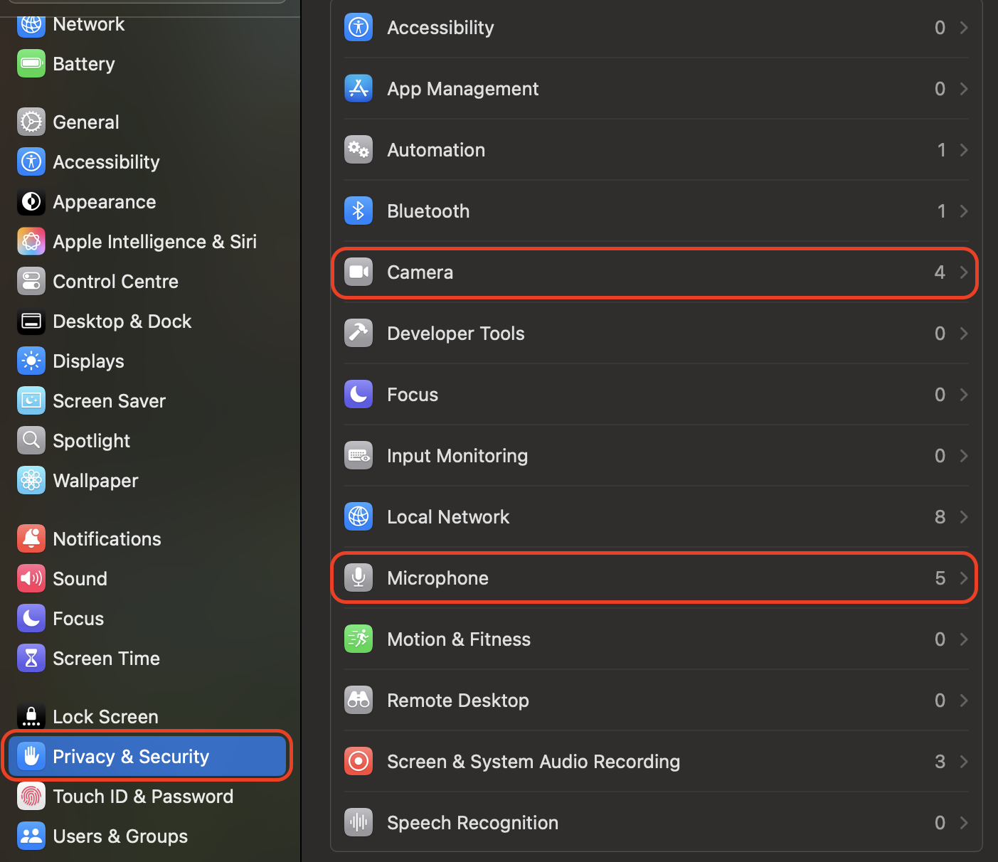 From System Settings, select Privacy & Security and open Camera and Microphone to turn off access for apps you no longer use.