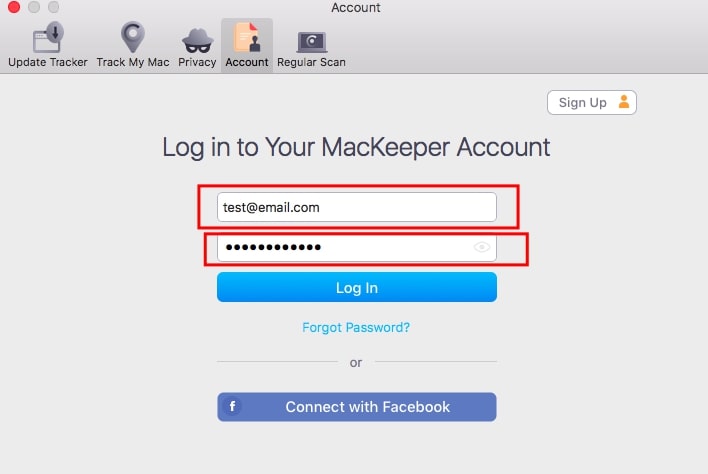 mackeeper account tab with email and password fields highlighted mackeeper account tab with email and password fields highlighted
