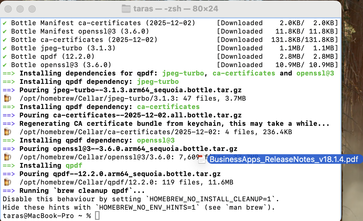 Use Homebrew in Terminal to install the qpdf package with the required command, enabling password removal for protected PDF files on macOS.
