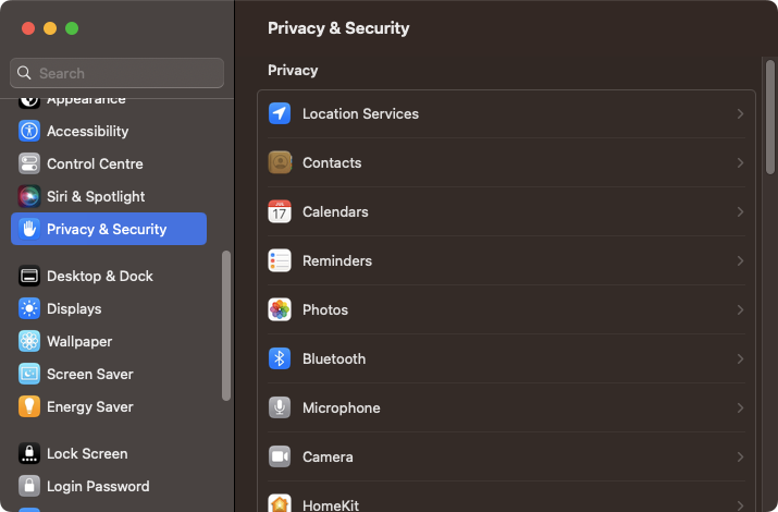 The macOS Privacy & Security settings let you change your Mac's security per each app or for particular functions, such as Bluetooth.