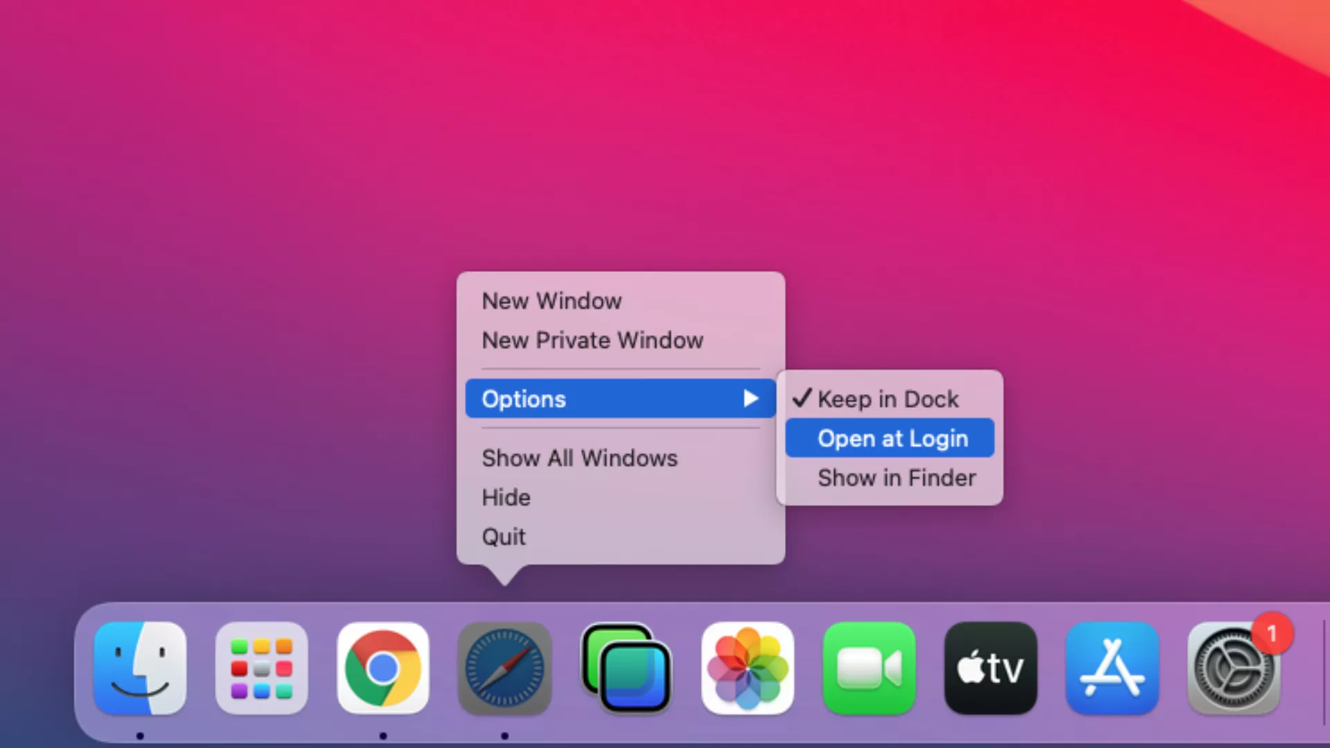 right-click on the app in the dock