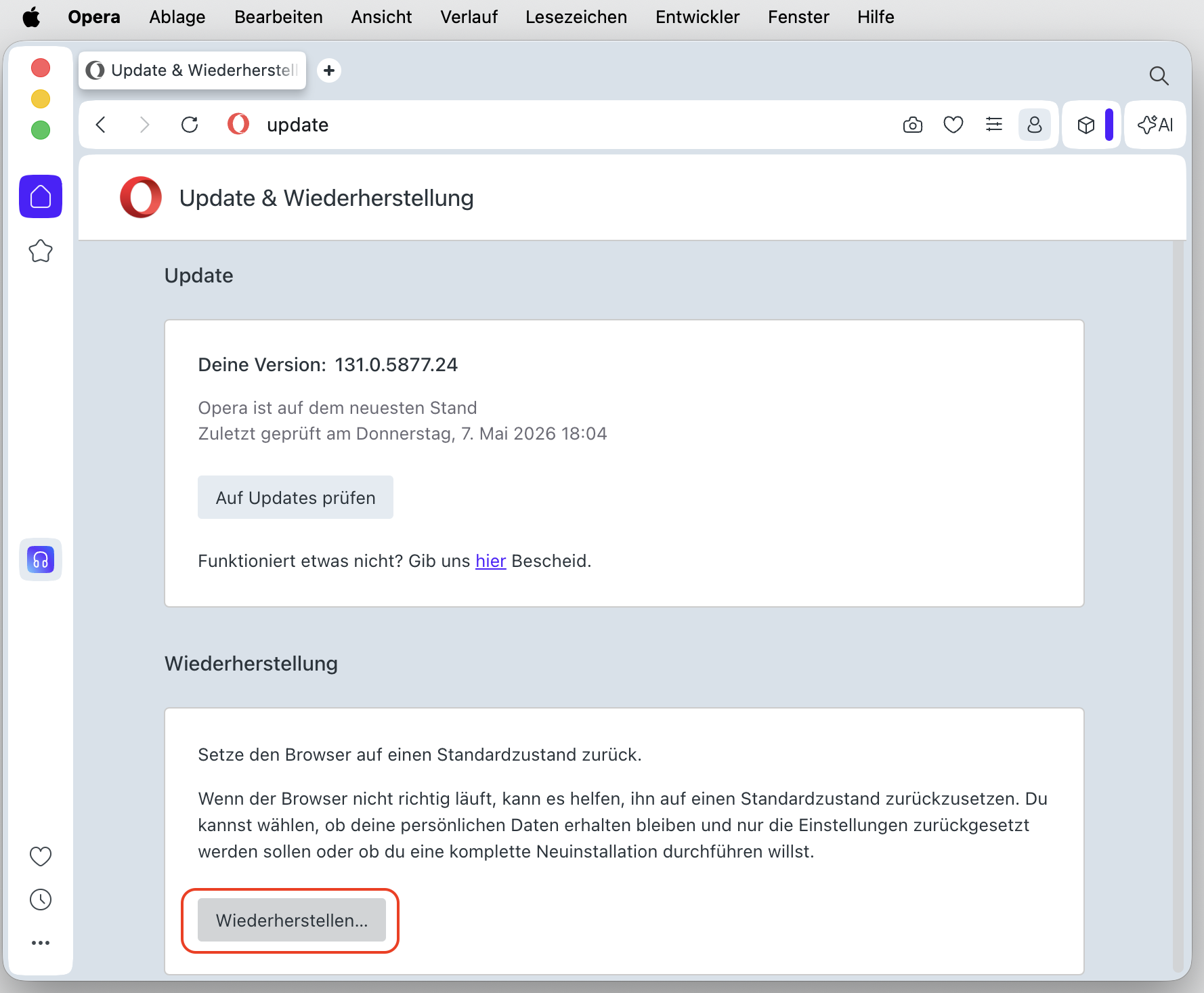 Bildschirm von Opera Update & Wiederherstellung mit hervorgehobener Option Wiederherstellung > Wiederherstellen. So setzen Sie Opera zurück, als Teil einer Anleitung, wie man gefälschte McAfee-Pop-ups auf dem Mac blockieren kann.