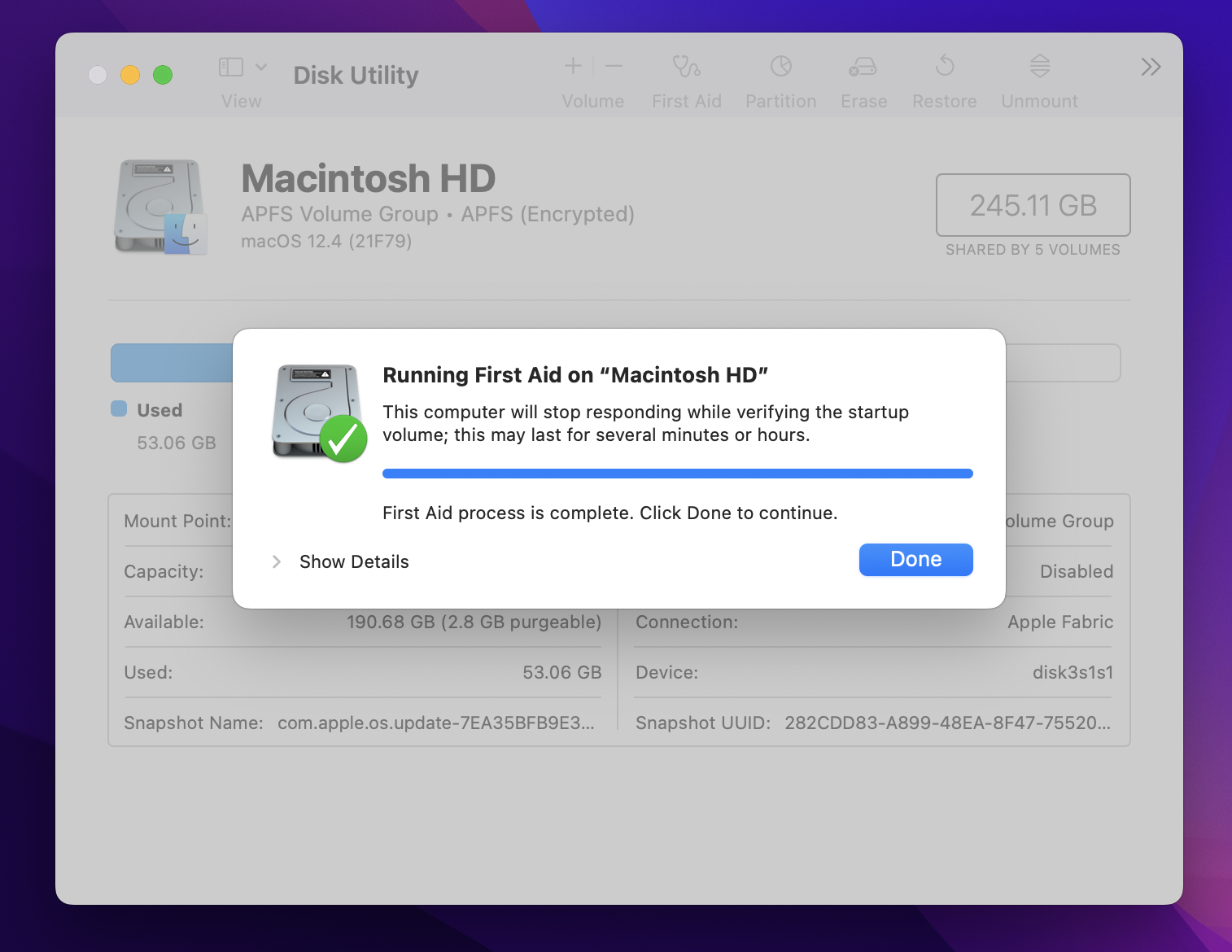 Disk Utility First Aid finished scanning screen Disk Utility First Aid finished scanning screen