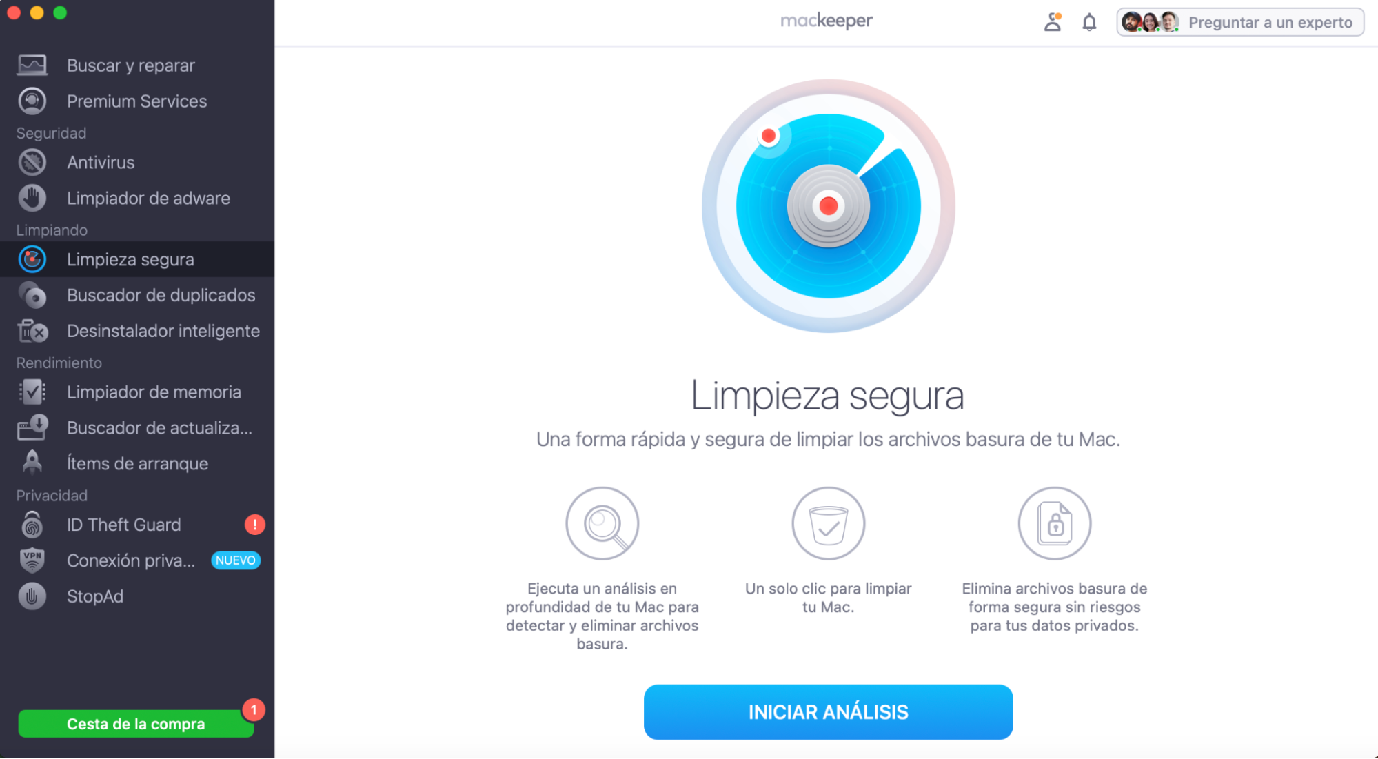 Para actualizar la RAM de tu Mac, utiliza MacKeeper. Inicia la app y selecciona Limpieza segura, haz clic en Iniciar análisis.