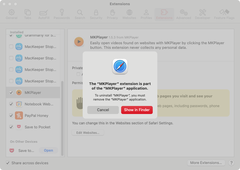 After clicking 'Uninstall', you have to click 'Show in Finder'. This will take you to wherever the extension is installed, so you can remove it.
