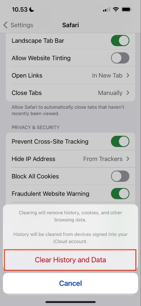 how to clear history and data on ios and confirm