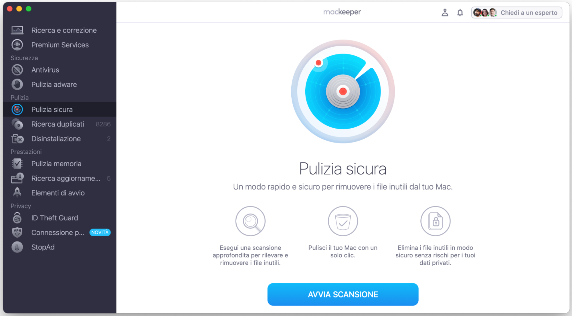 Per mantenere pulito il disco di avvio, esegui una pulizia con la funzione Safe Cleanup di MacKeeper. Avvia MacKeeper, seleziona Safe Cleanup dal menu e clicca su Avvia scansione.